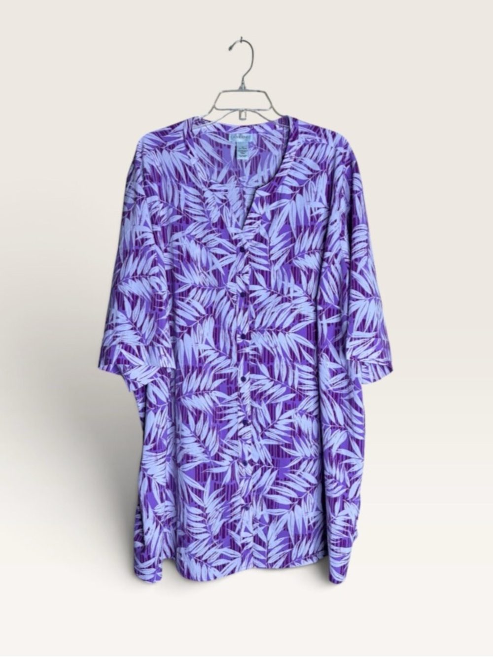 Catherines 3X 26-28W Purple Tropical Leaf Print Button Front Tunic Blouse